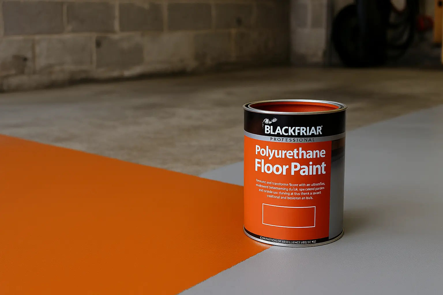 Blackfriar PU Floor paint on a garage floor in orange and grey