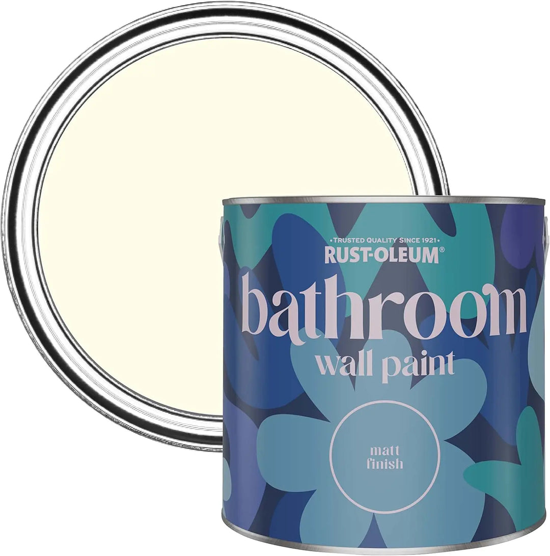 Can of Rust-Oleum bathroom wall paint with blue floral design