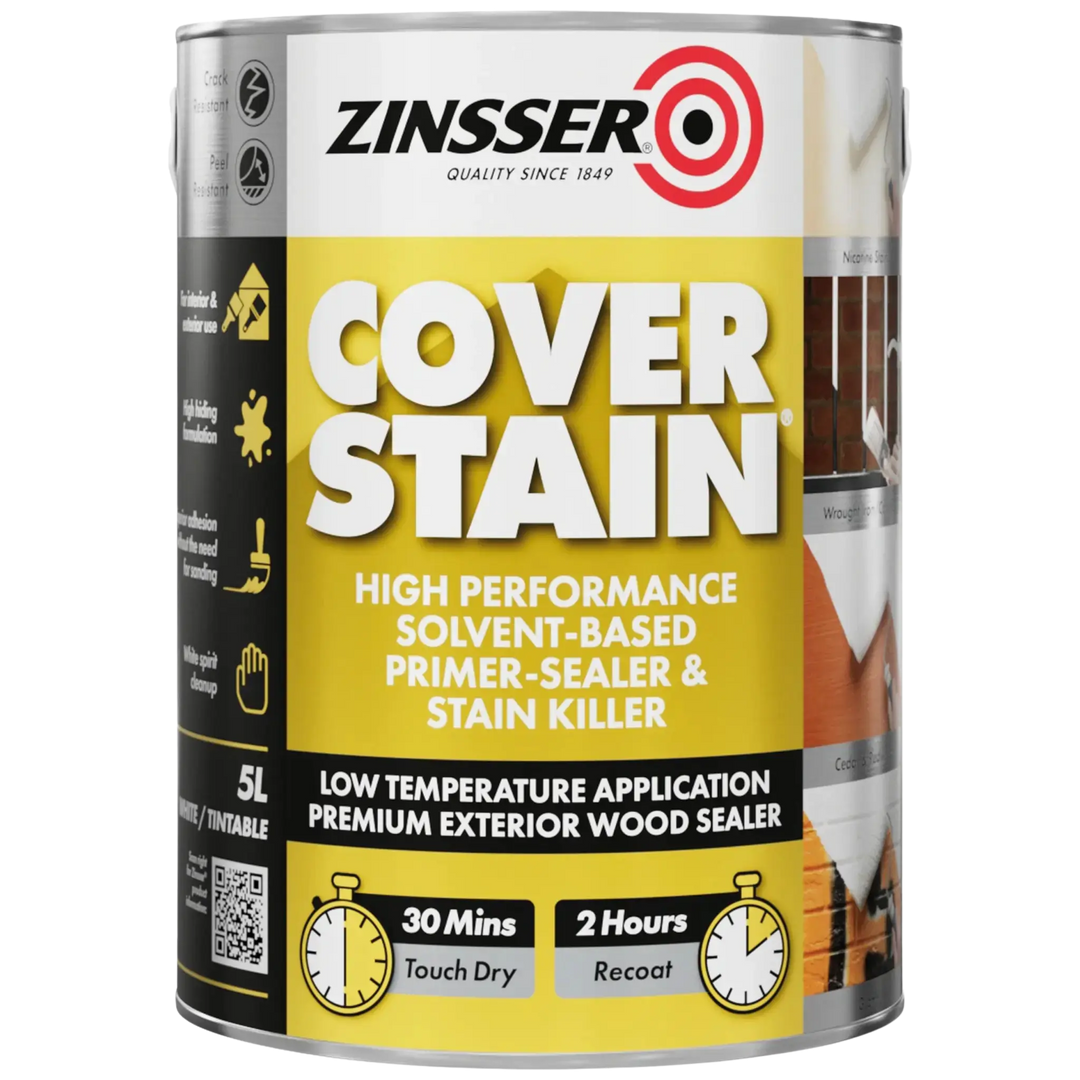 A 5L can of Zinsser Cover Stain high performance solvent-based primer-sealer and stain killer, featuring a yellow and black label with white text and a red target logo.