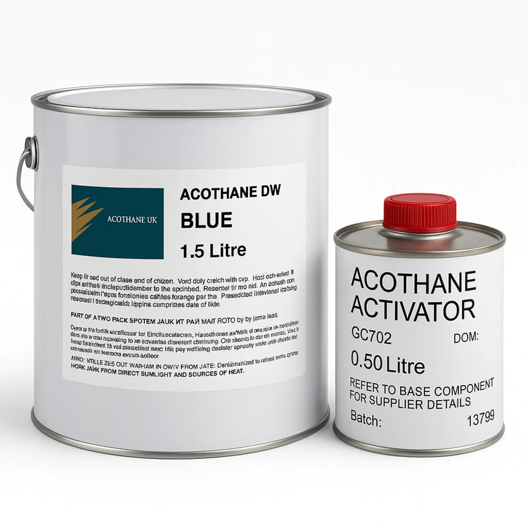 Two cans of Acothane DW Blue paint and Acothane Activator on a white background