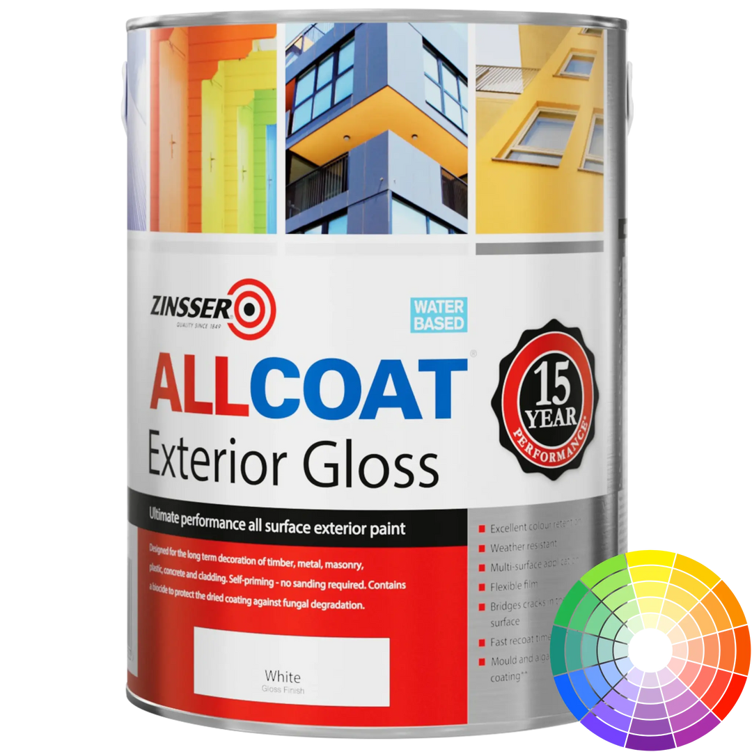 Zinsser Allcoat Exterior Gloss paint can with colourful building background on label