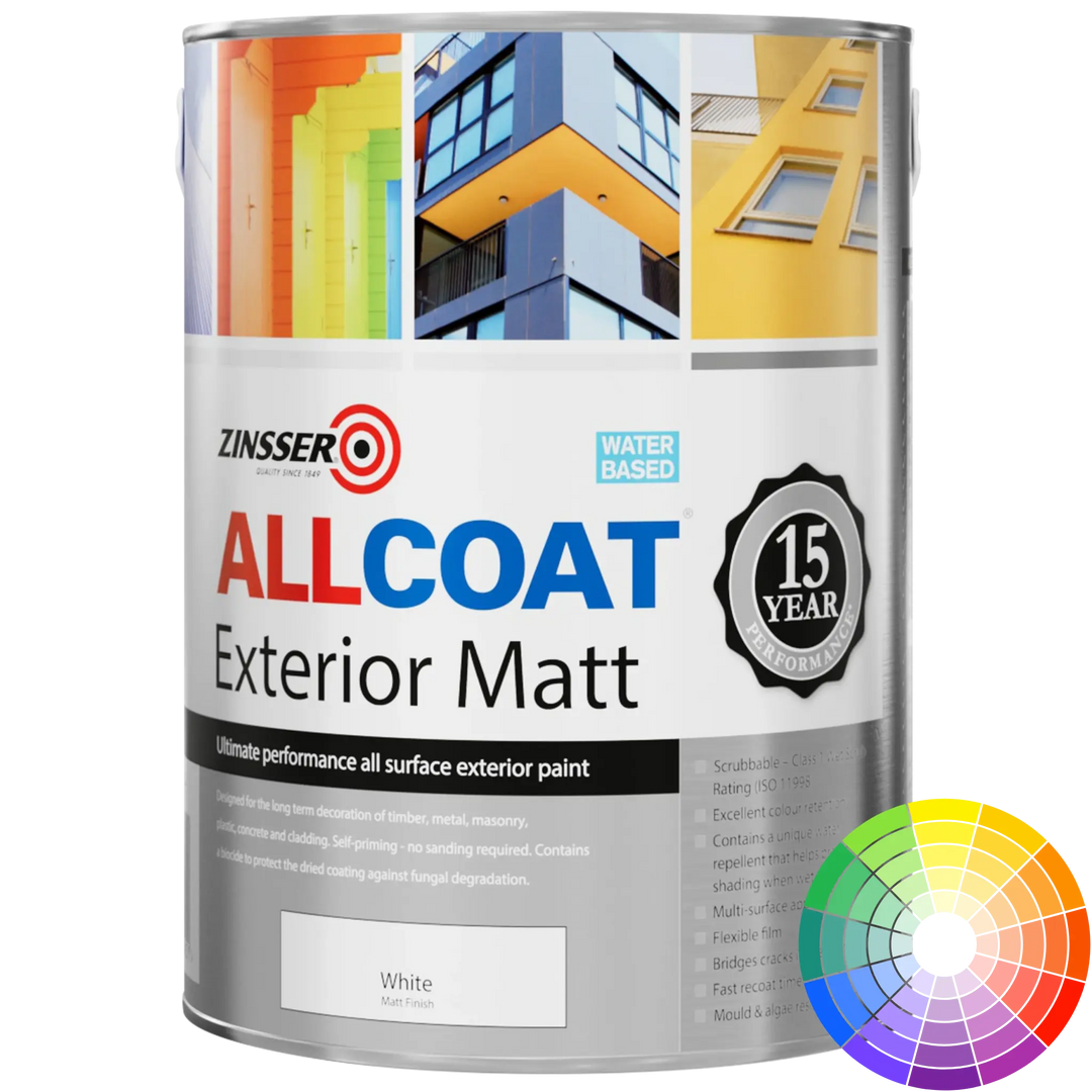 Zinsser Allcoat Exterior Matt paint can with colour swatch on a white background