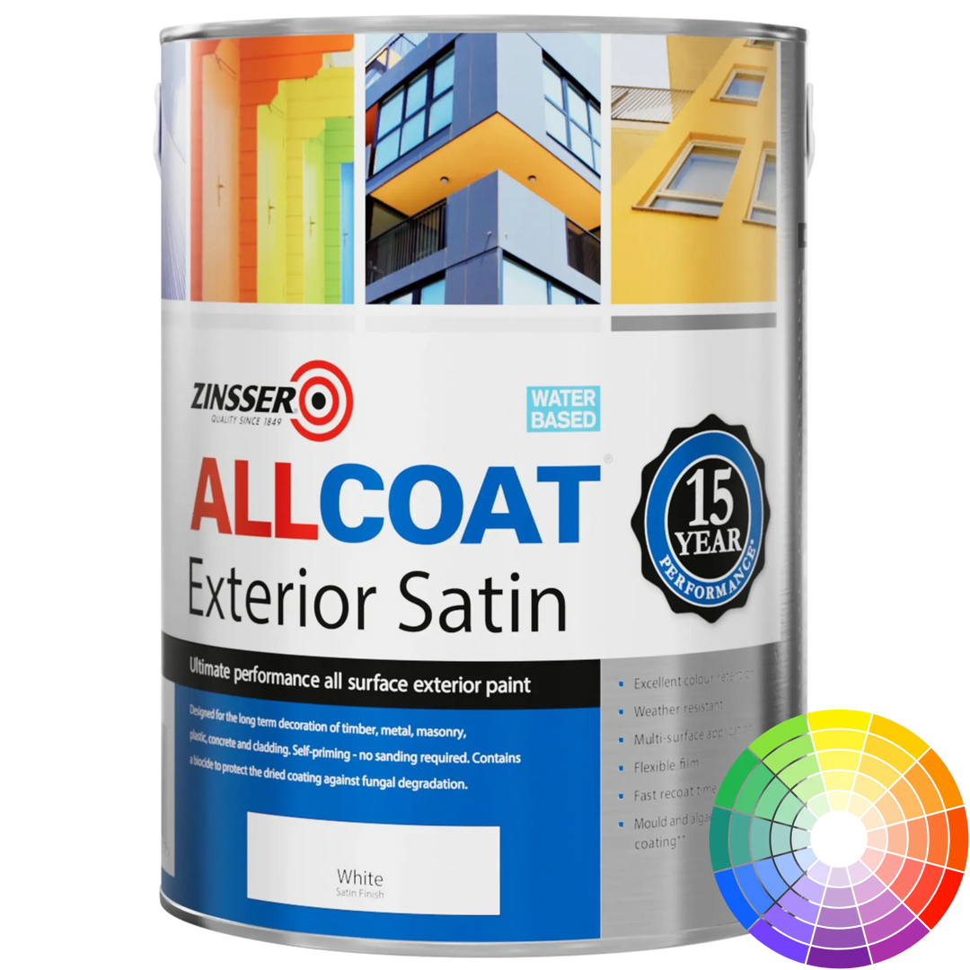 Zinsser Allcoat Exterior Satin paint can with colour swatch on a white background