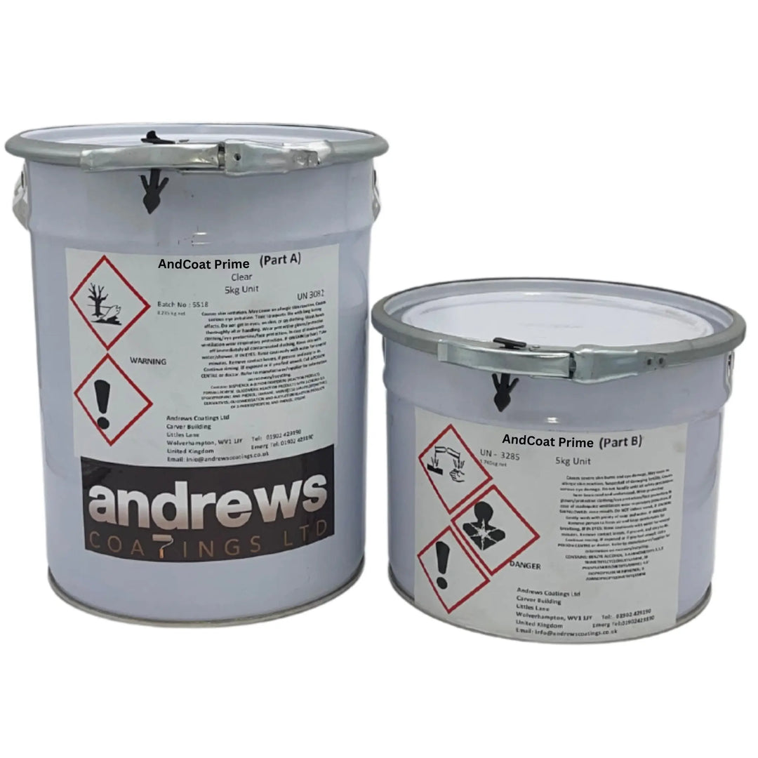 Two buckets labeled 'AndCoat Prime' by Andrews Coatings Ltd on a white background.