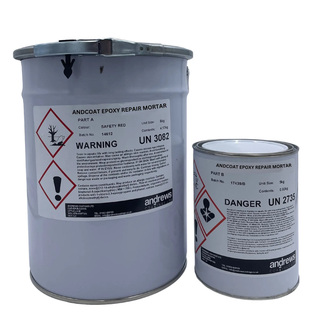 Two cans of Andcoat Epoxy Repair Mortar with warning labels on a white background