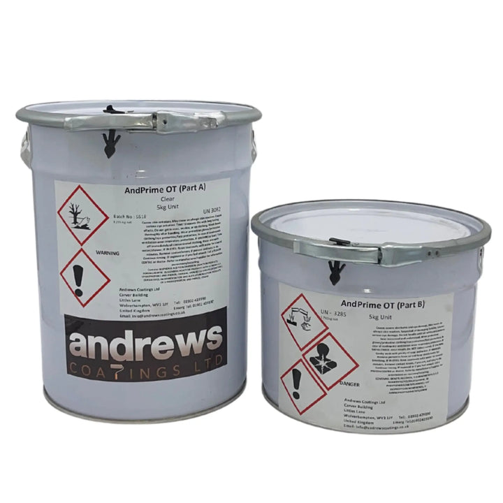 Two buckets of Andrews Coatings Ltd paint on a white background