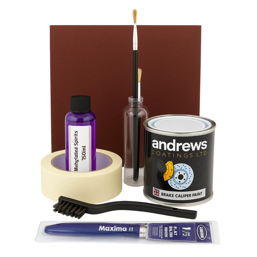 Painting supplies including a can of Andrews Coatings brake caliper paint, a brush, a bottle of thinner, and a roll of tape on a white background.