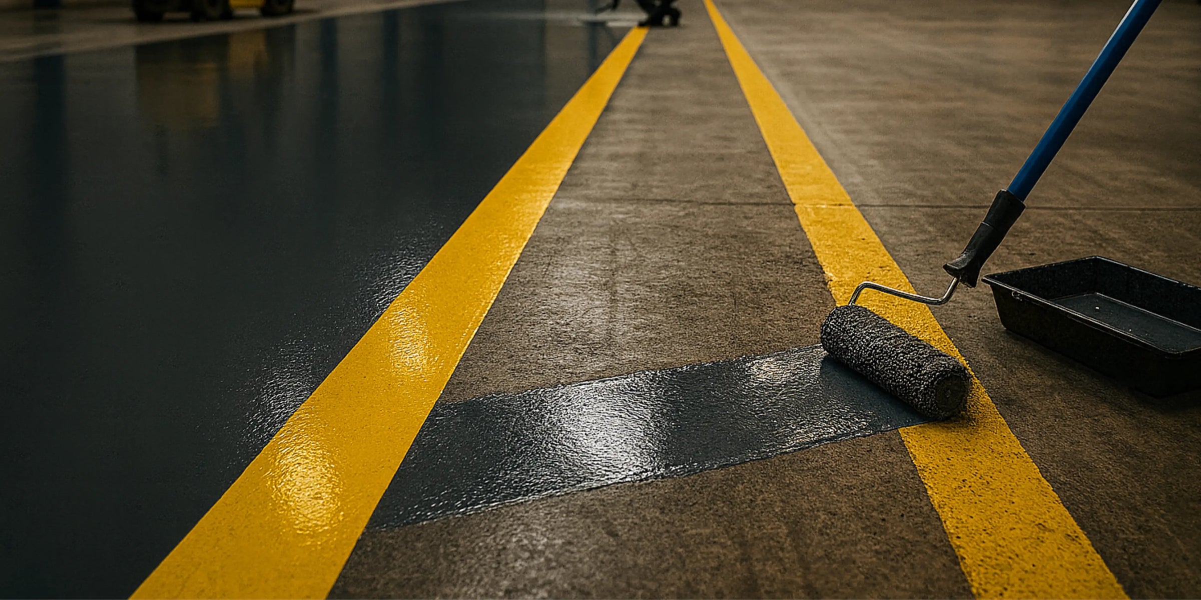 AndCoat HB Grey Floor Paint being applied by roller within yellow lines 