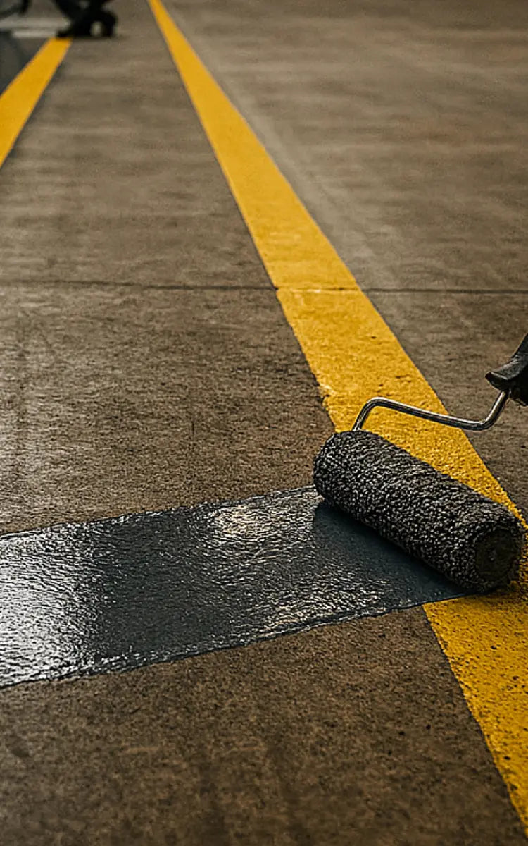 AndCoat HB Grey Floor Paint being applied by roller within yellow lines 