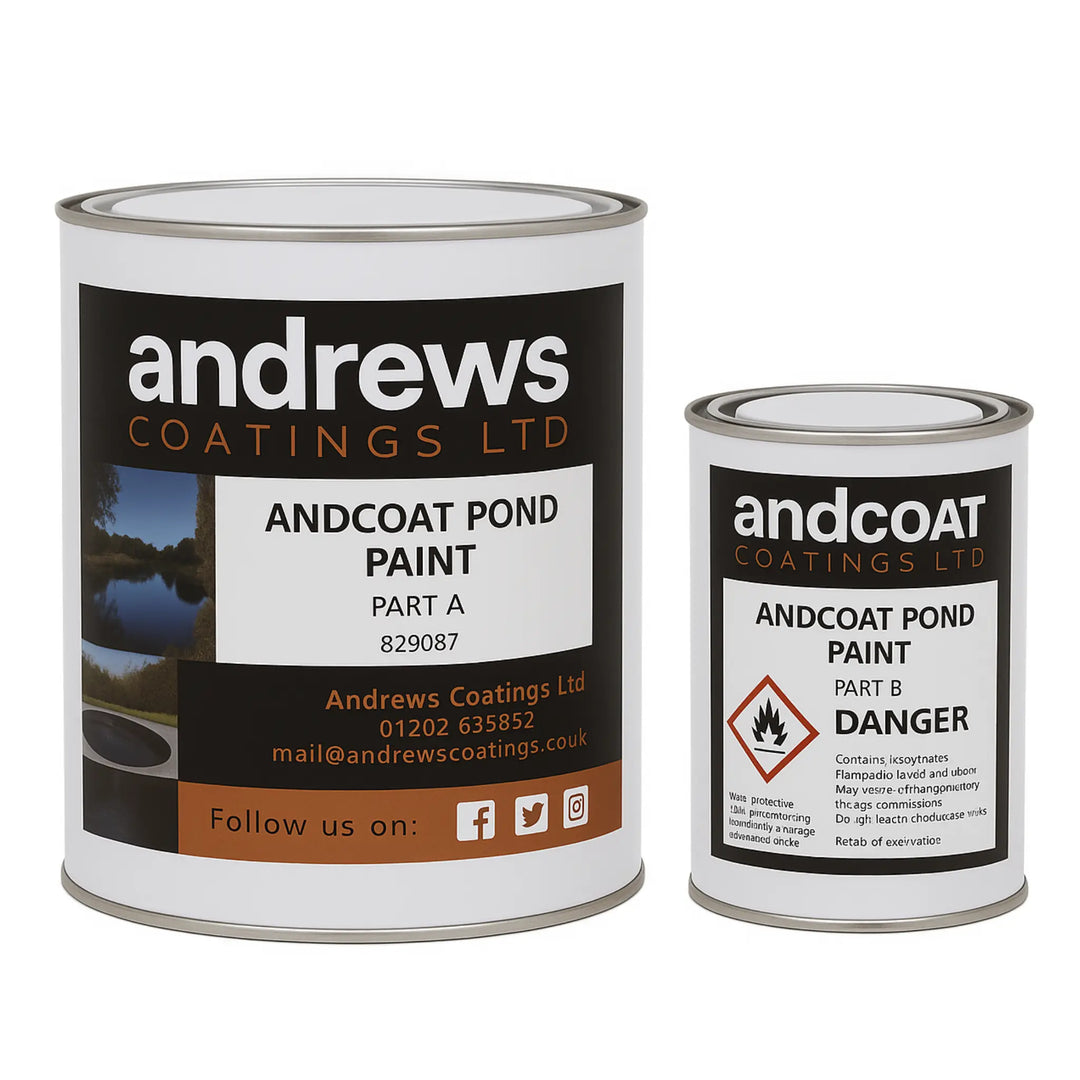Two cans of Andrews Coatings Ltd Andcoat Pond Paint on a white background