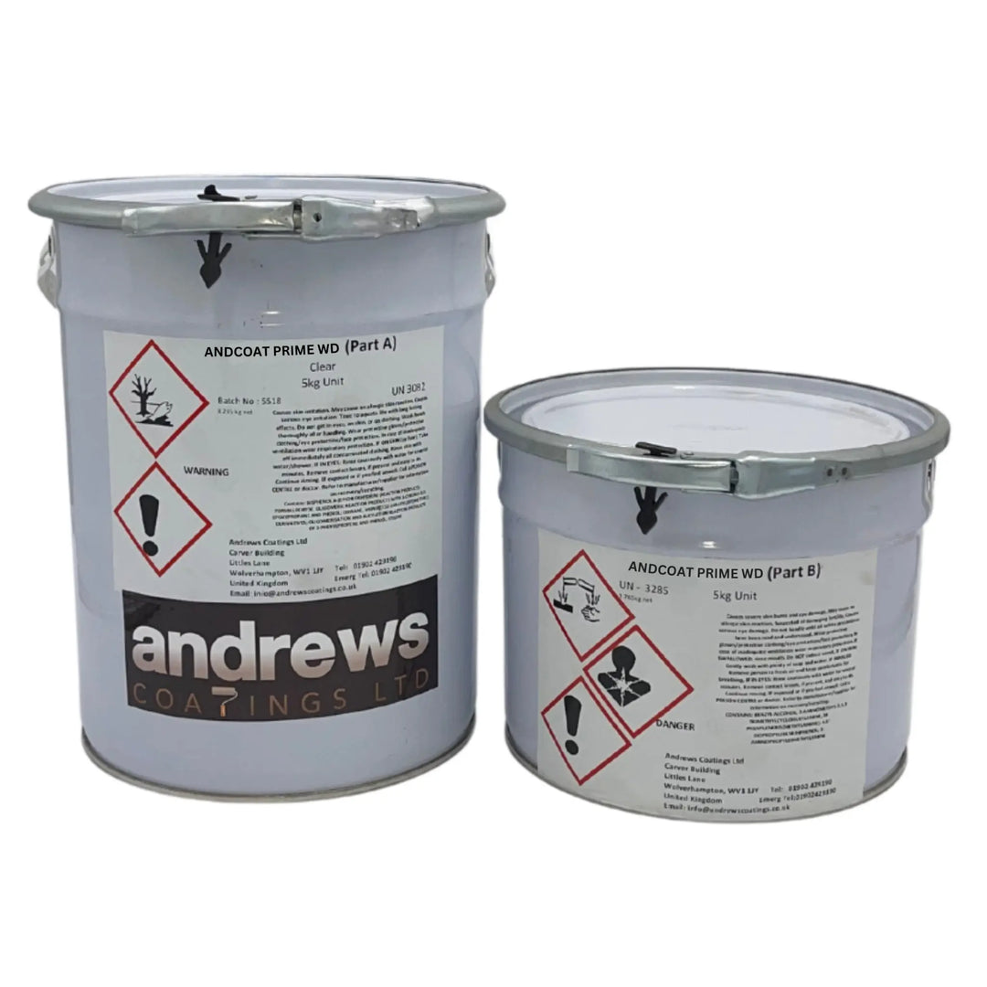 Two buckets of Andrews Coatings Ltd paint on a white background