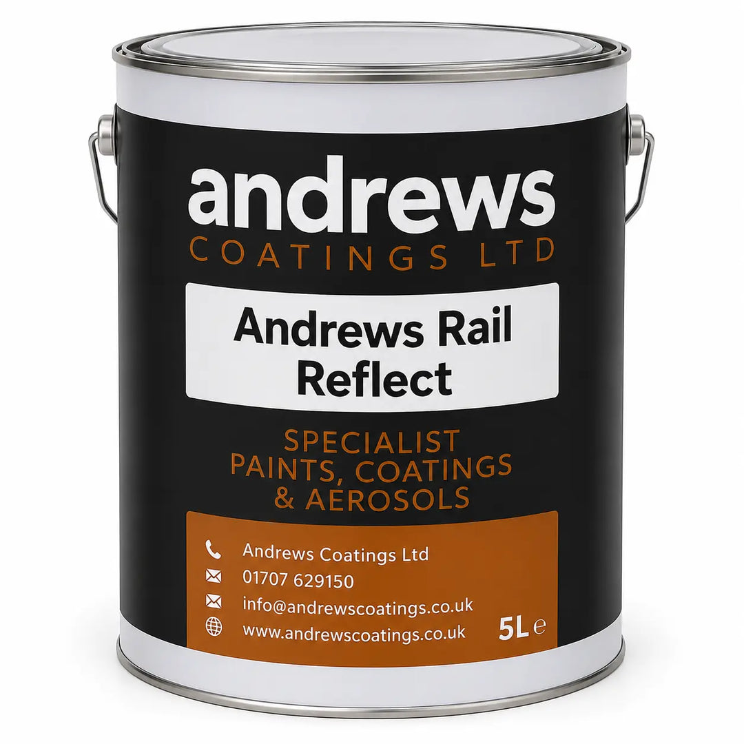 Paint can with Andrews Coatings Ltd label on a white background - Andrews Rail Refect