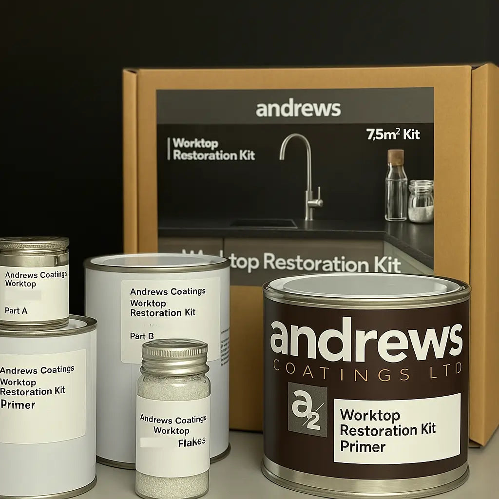 Andrews Coatings Ltd worktop restoration kit with packaging and components on a neutral background
