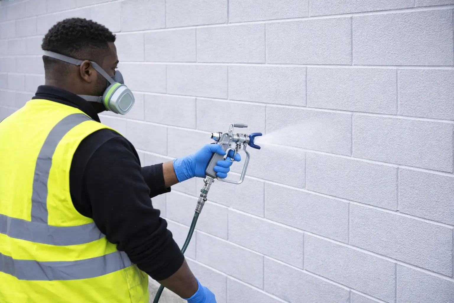 A man spraying graffiti protector on a painted wall 