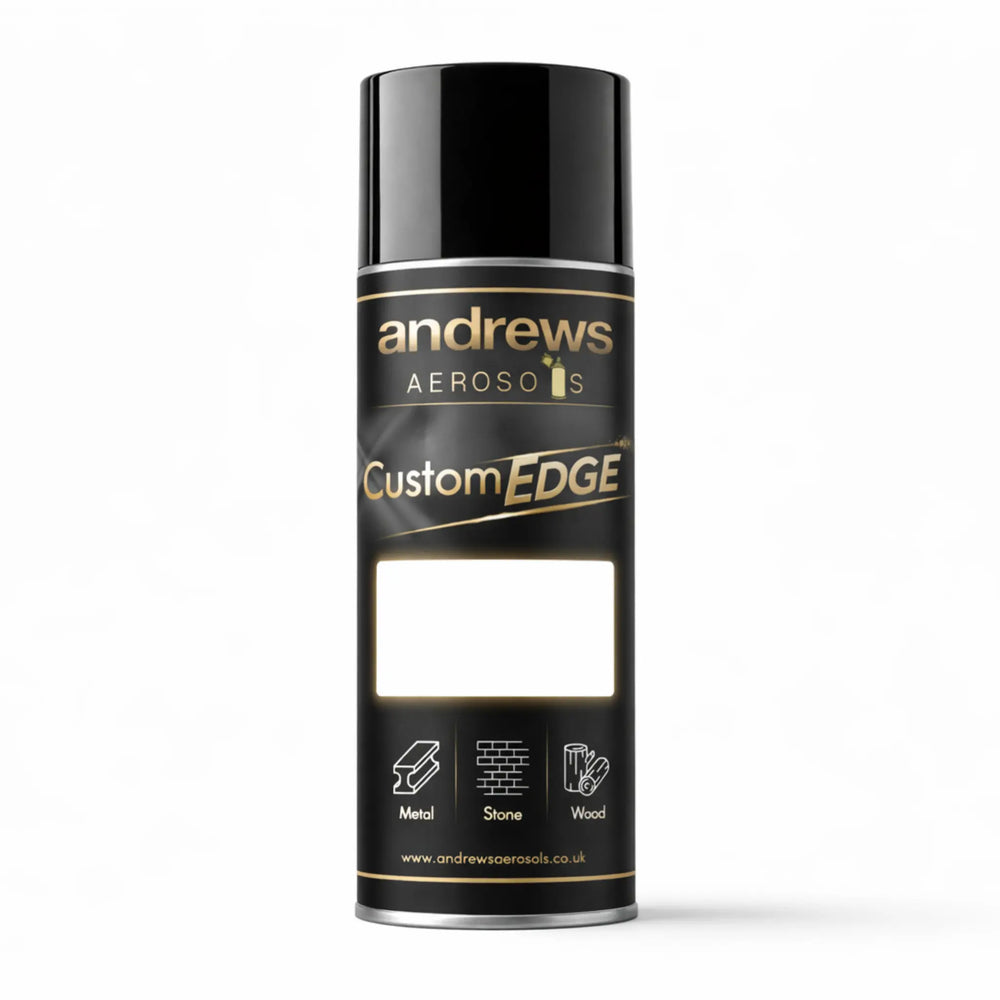 Black aerosol can labeled 'andrews Aerosols CustomEDGE' on a white background
