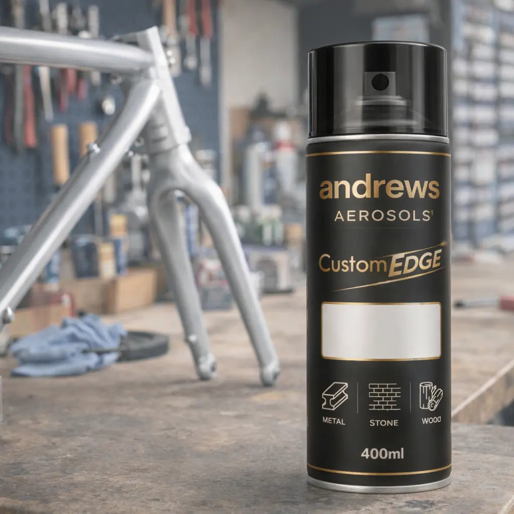 Andrews Aerosols CustomEDGE spray can on a workbench with tools in the background