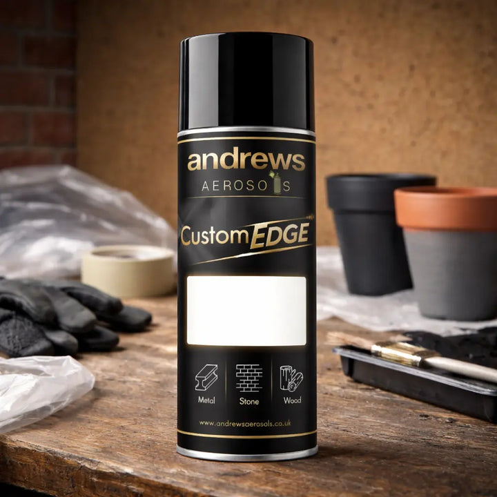 Andrews Custom Edge aerosol on a worktop bench with painted plant pots