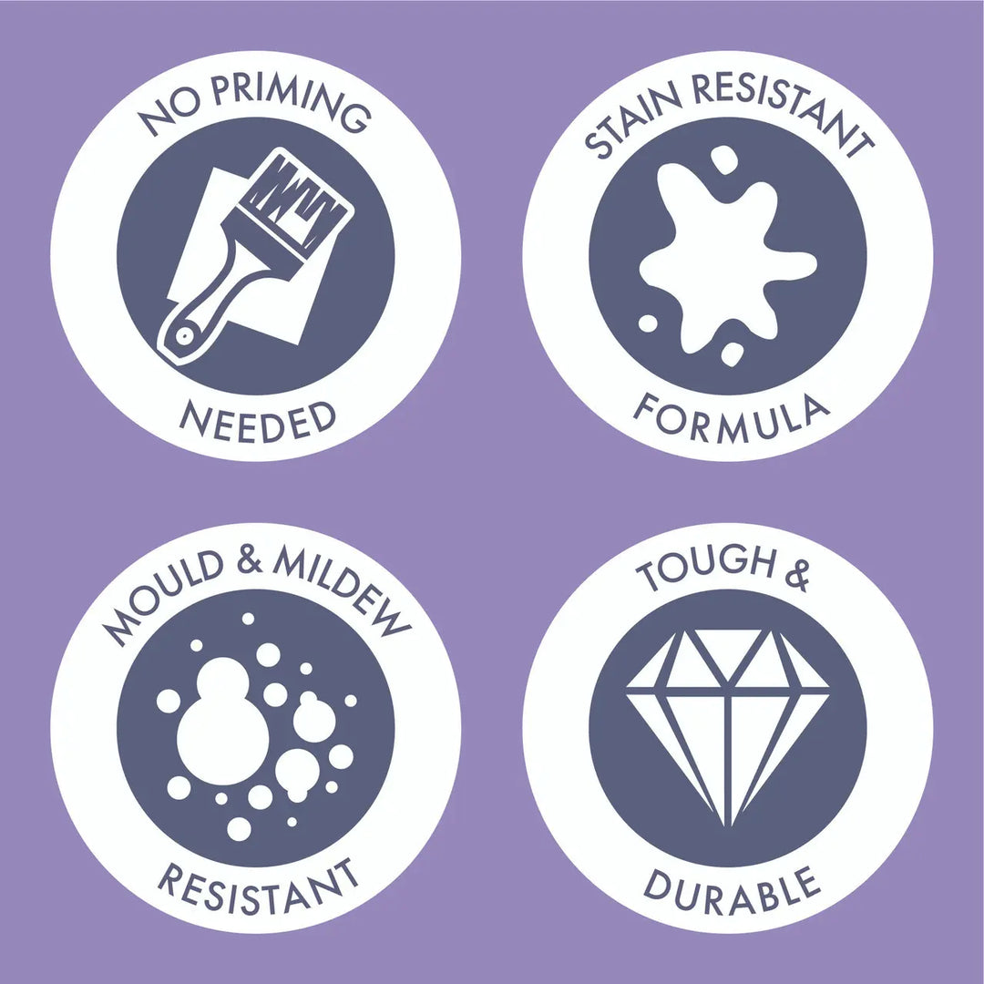 Four icons on a purple background indicating features of a product: no priming needed, stain resistant formula, mold and mildew resistant, and tough and durable.