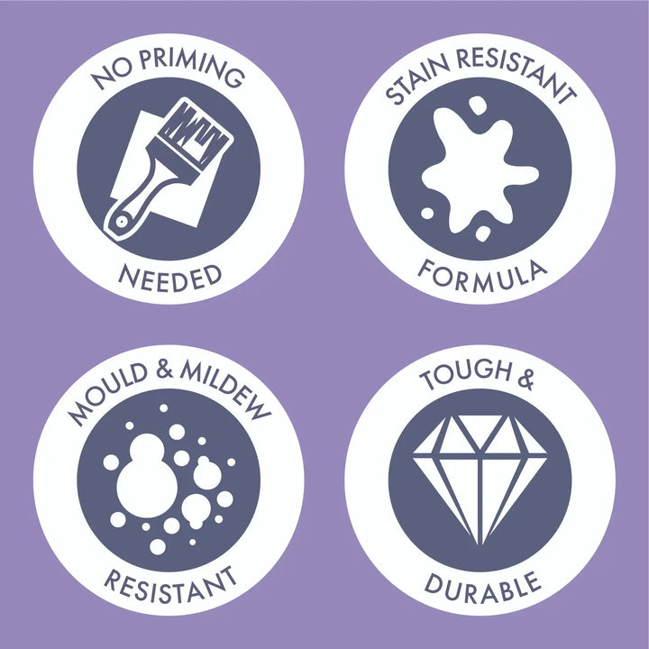 Four icons on a purple background indicating features of a product: no priming needed, stain resistant formula, mold and mildew resistant, and tough and durable.