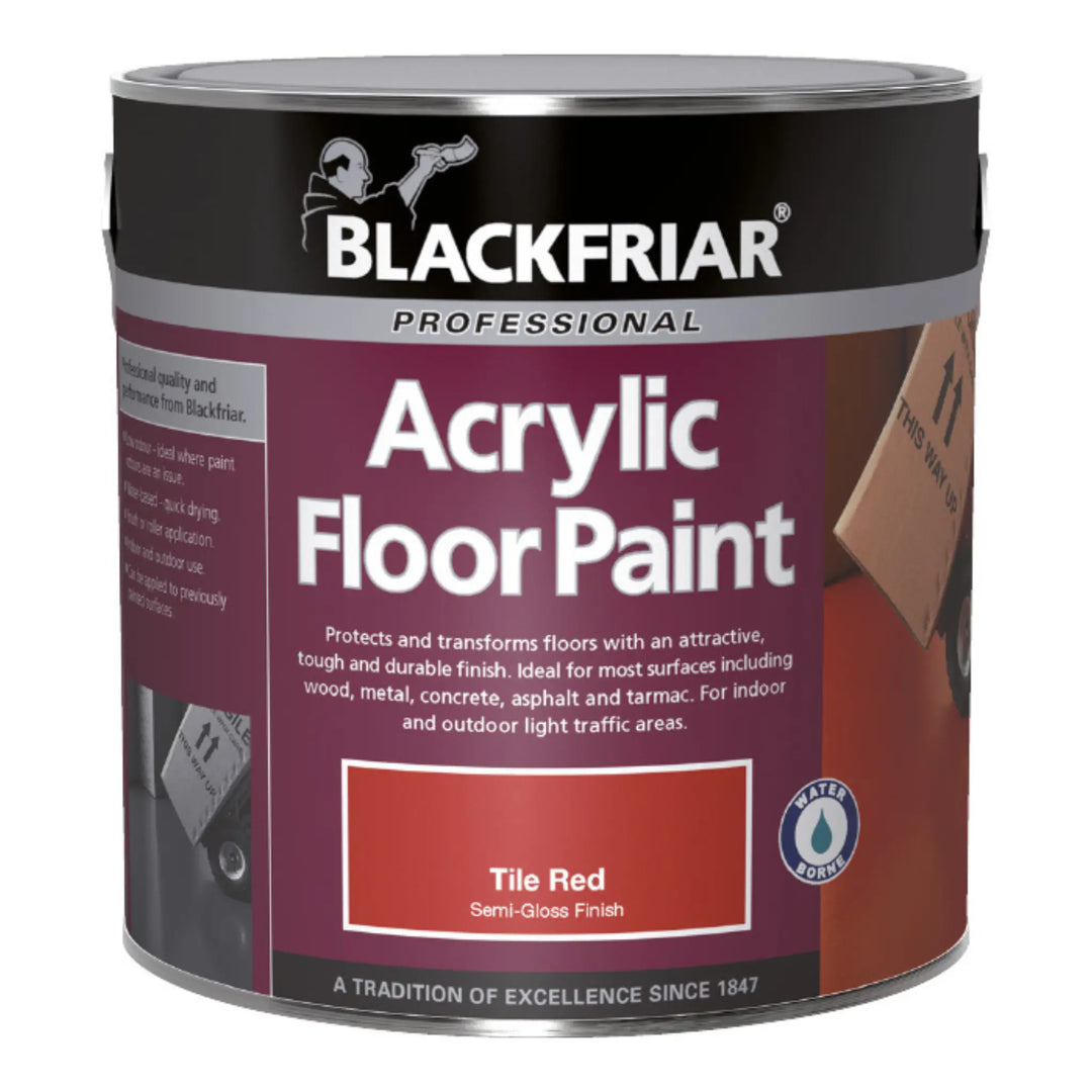 Can of Blackfriar Acrylic Floor Paint in Tile Red color on a white background