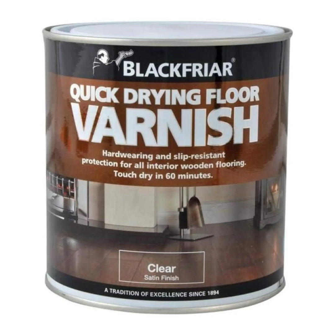 Can of Blackfriar quick drying floor varnish on a white background