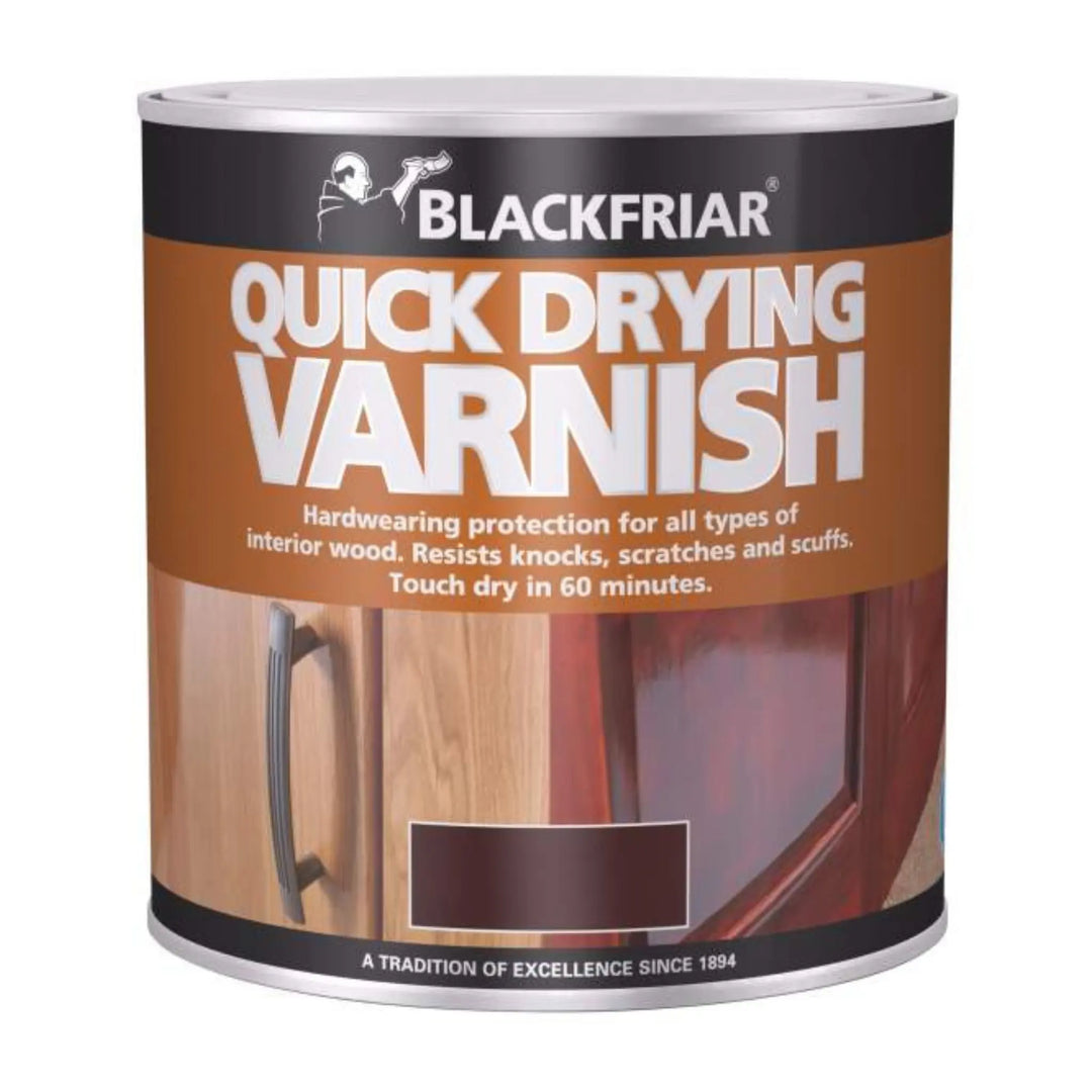 Can of Blackfriar quick drying varnish with wooden cabinet and handle on label
