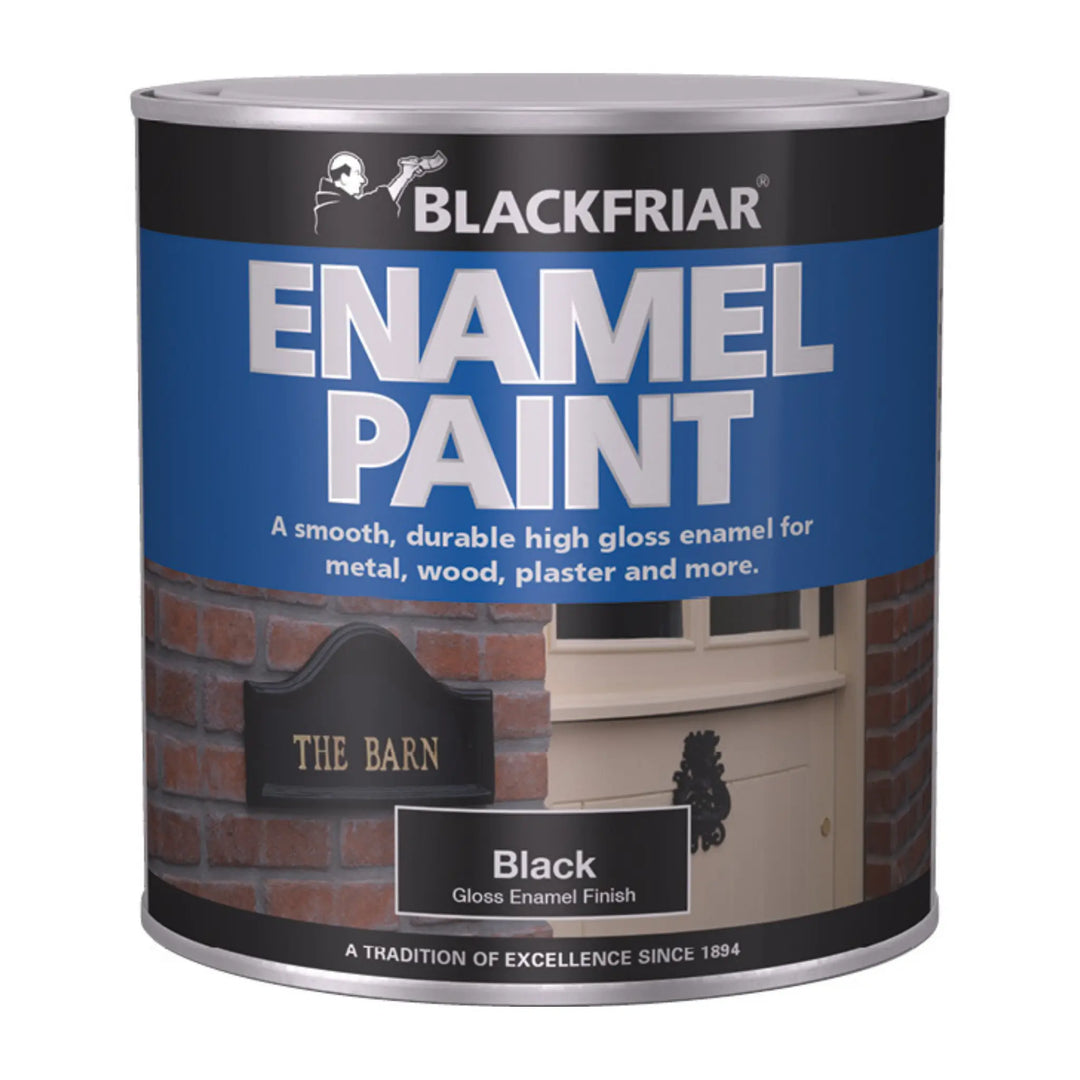 Can of Blackfriar Enamel Paint with blue label on a white background