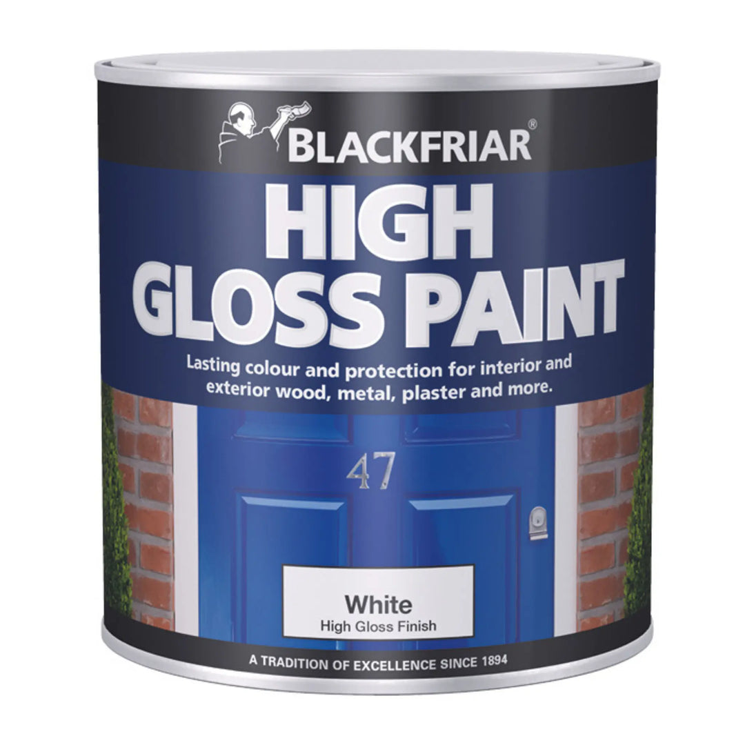 Can of Blackfriar High Gloss Paint with blue and white label