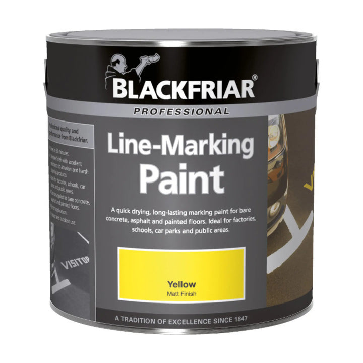 Can of Blackfriar line-marking paint with yellow label on a white background