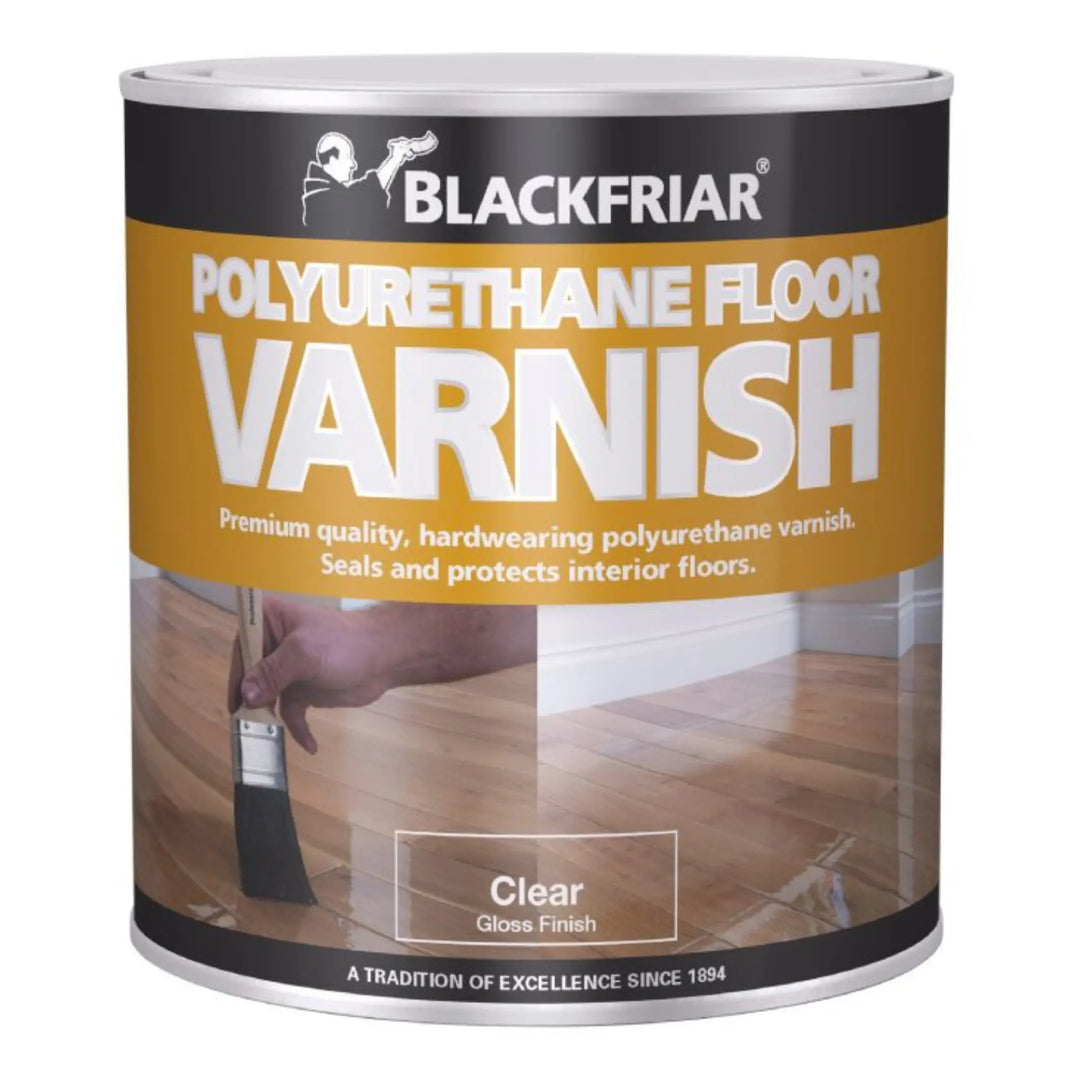 Can of Blackfriar polyurethane floor varnish on a white background