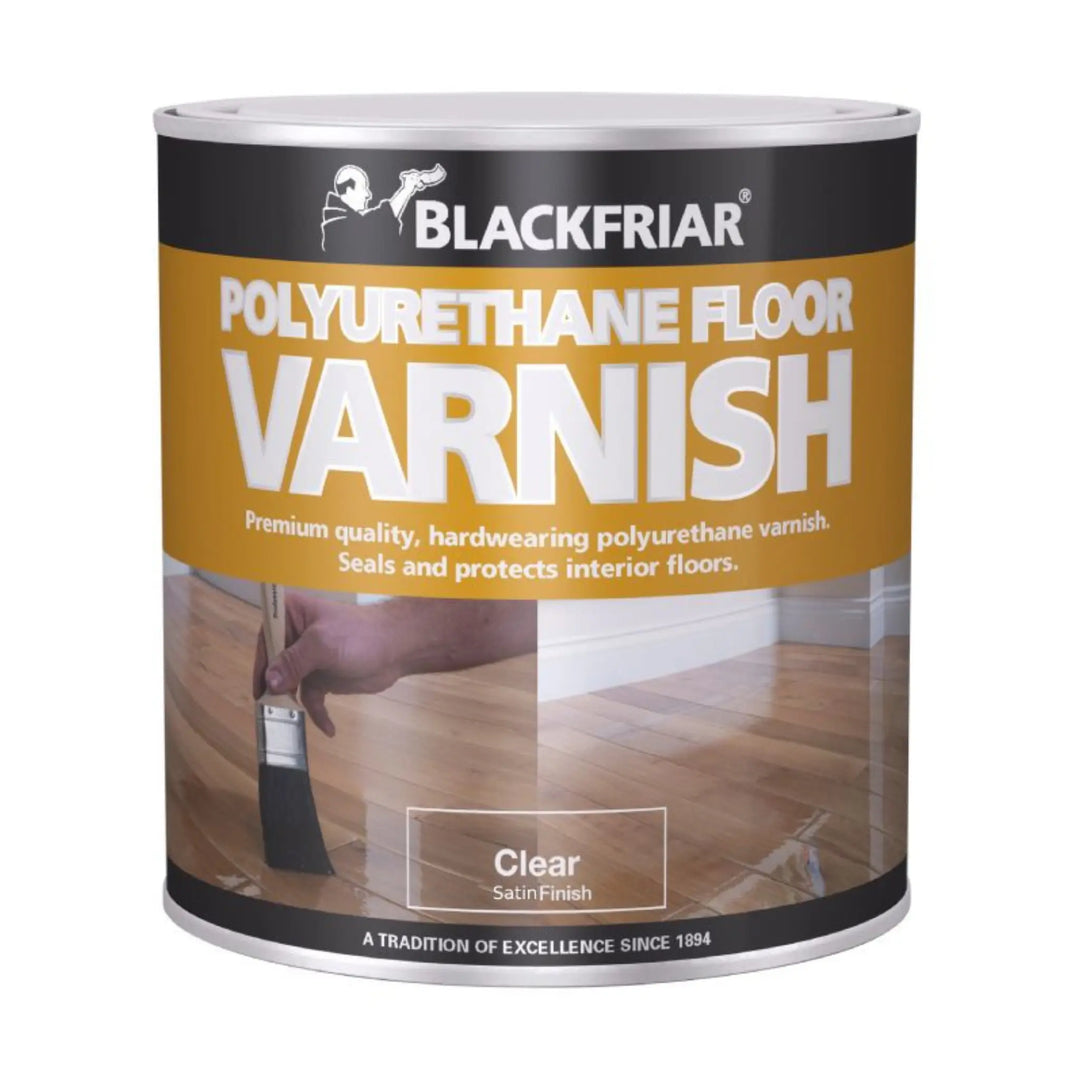 Can of Blackfriar polyurethane floor varnish on a white background