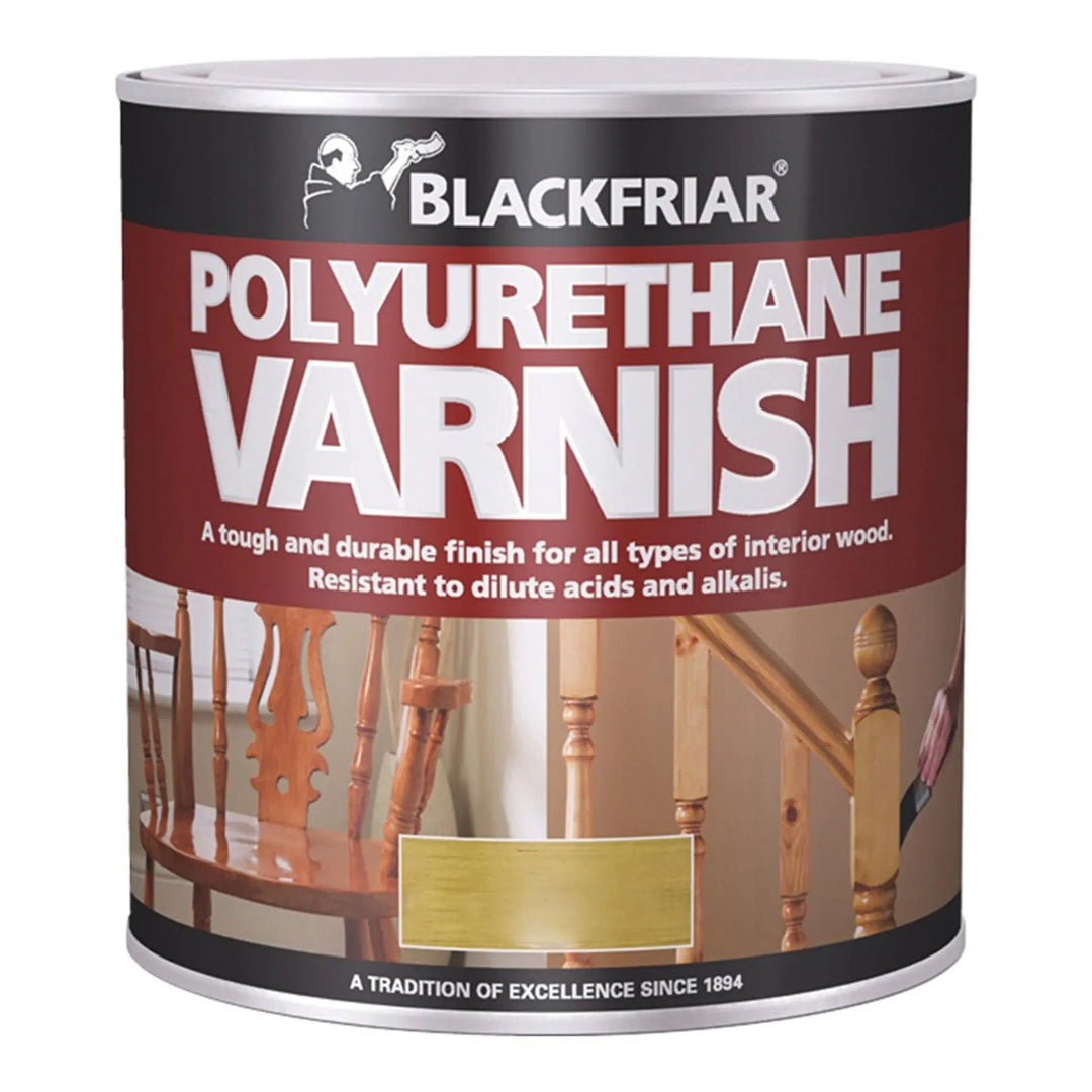Can of Blackfriar Polyurethane Varnish with wooden staircase background