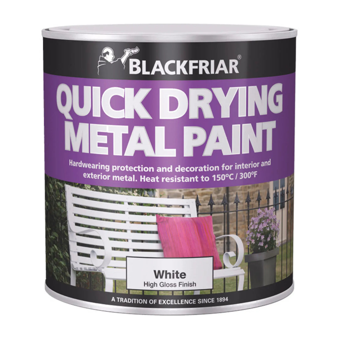 Can of Blackfriar quick drying metal paint with outdoor scene on label