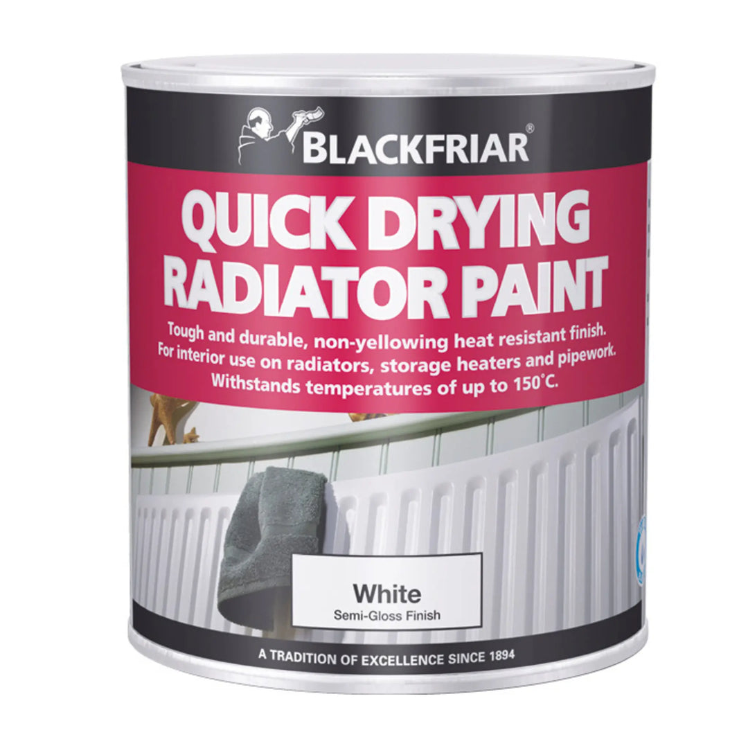 Can of Blackfriar quick drying radiator paint with red label on a white background