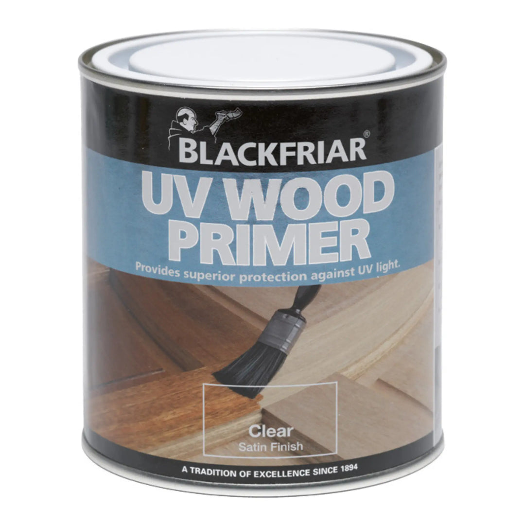 Can of Blackfriar UV Wood Primer with wooden surface and brush on label