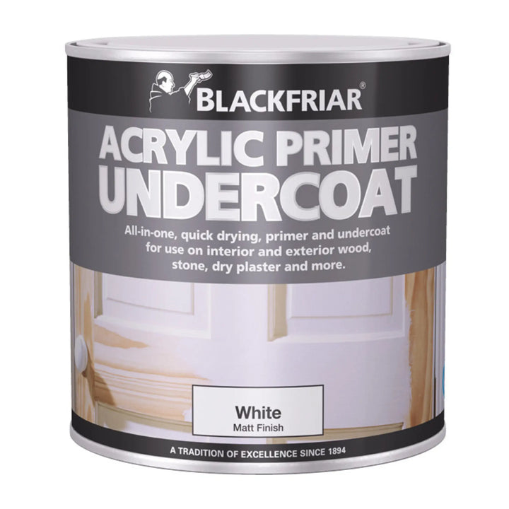 Blackfriar acrylic primer undercoat can on a white background