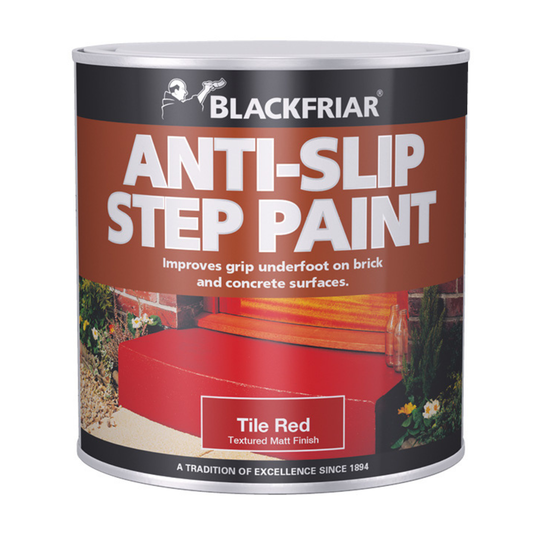 Can of Blackfriar Anti-Slip Step Paint with red step on white background