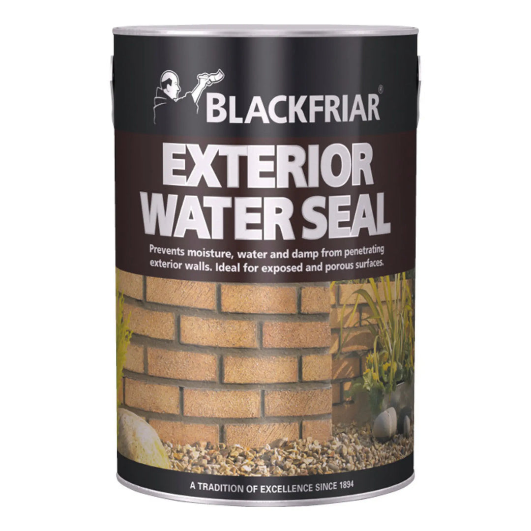Can of Blackfriar Exterior Water Seal with brick wall and garden background on label