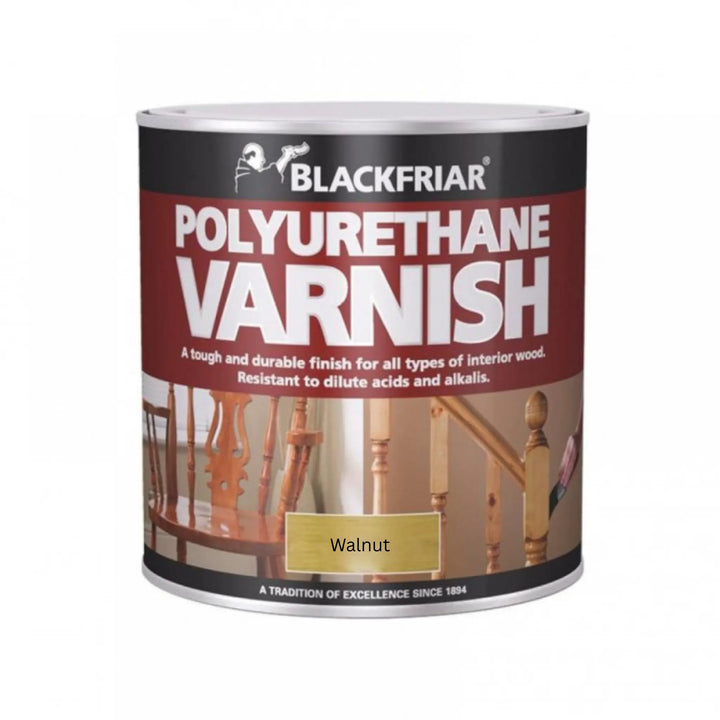 Blackfriar Polyurethane Varnish can with a wooden finish background on a white background
