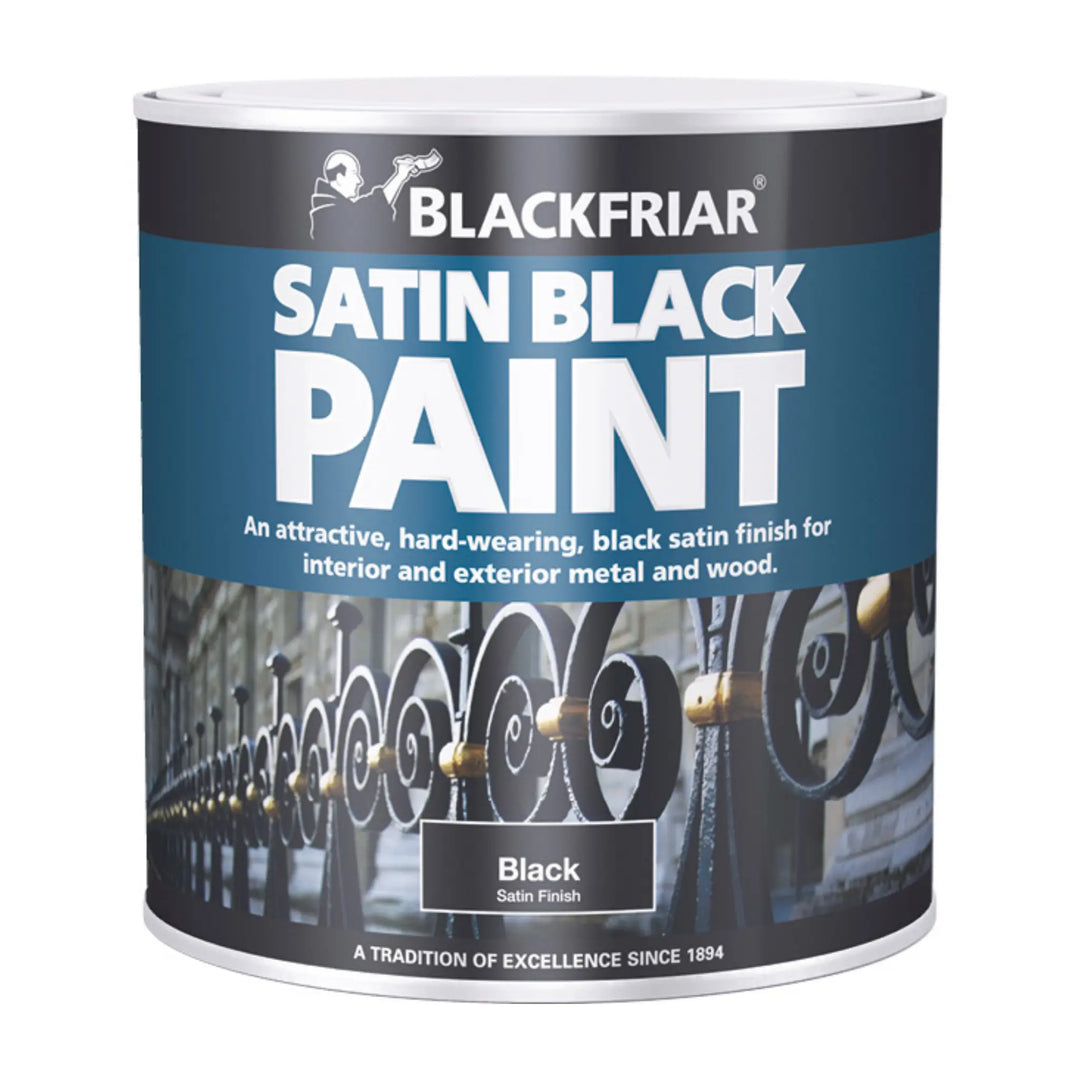 Can of Blackfriar satin black paint with decorative ironwork background