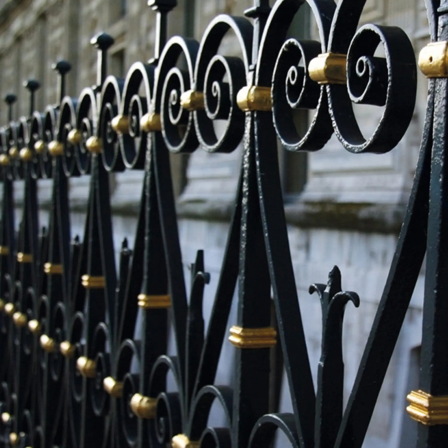 Close-up of an ornate black metal fence with gold accents.
