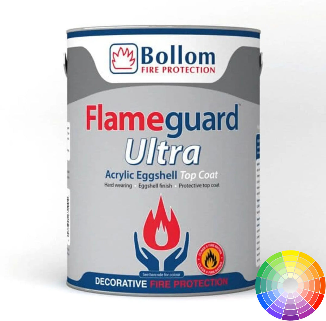 Bollom Flameguard Ultra Acrylic Eggshell on a white background with a tint colour wheel