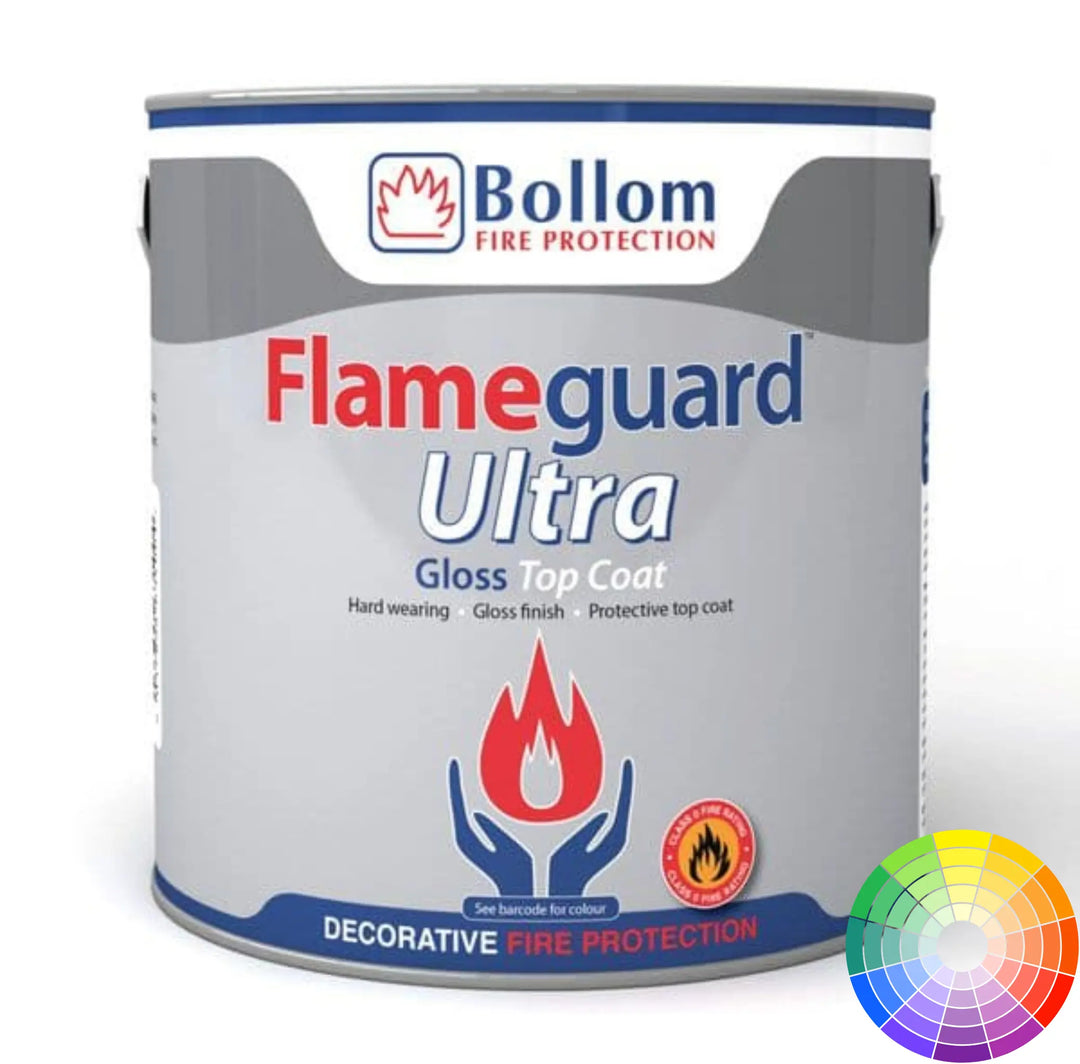 Bollom Flameguard Ultra fire protection paint can with colour swatch on a white background
