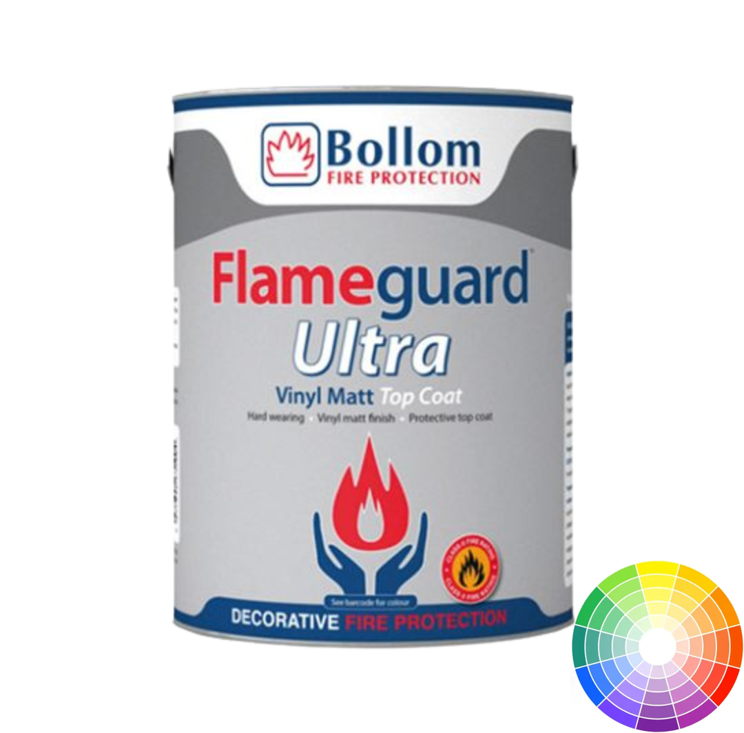 Bollom Flameguard Ultra vinyl matt top coat can with color swatch on a white background