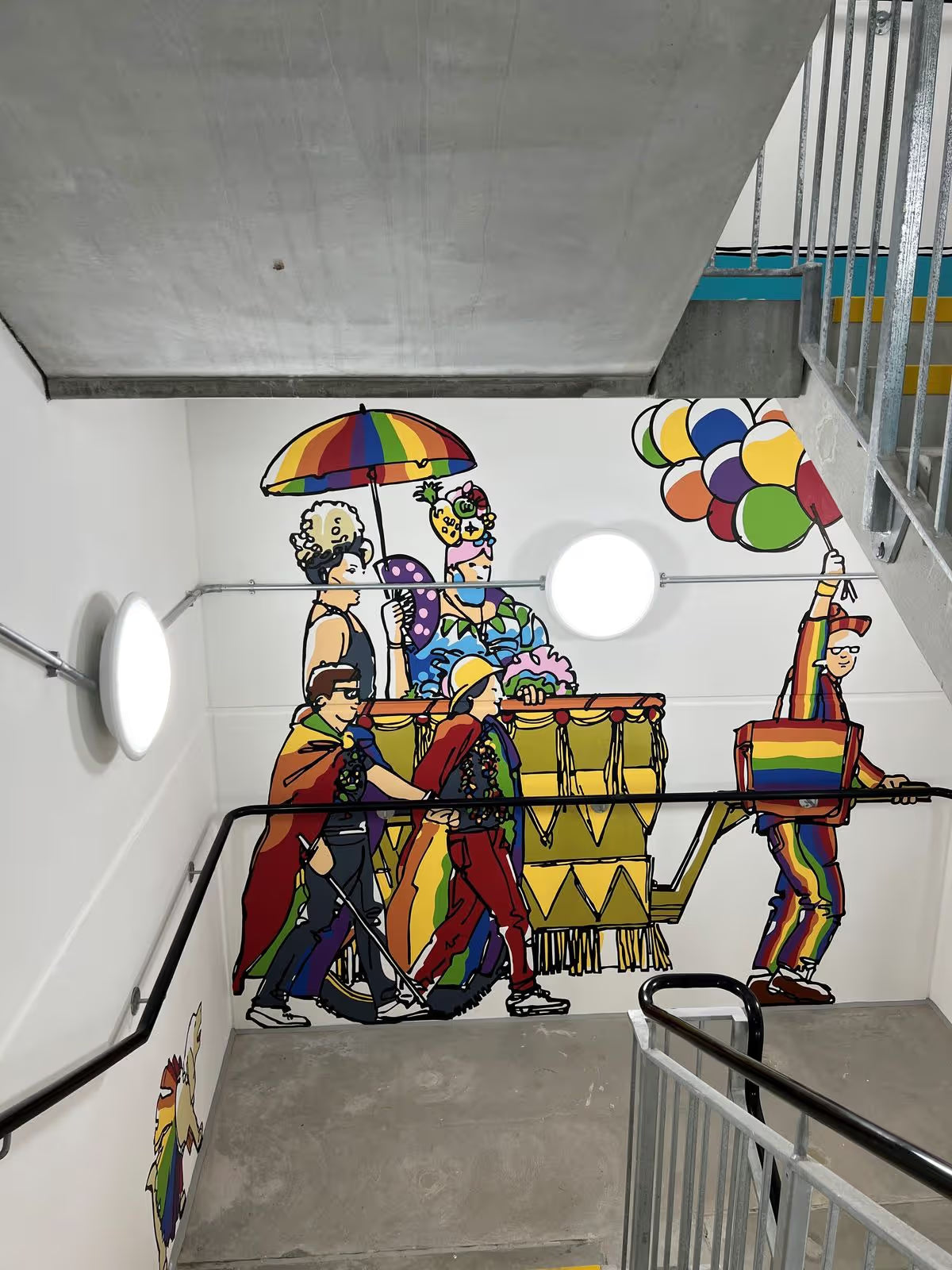 Colorful mural of a clown and circus performers in an indoor staircase setting.