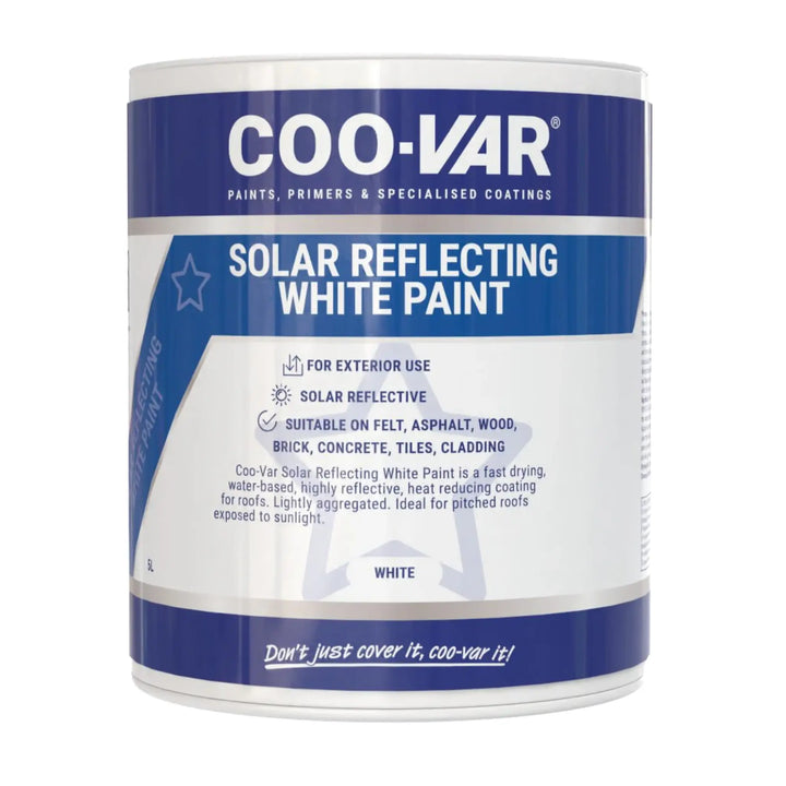 A can of COO-VAR Solar Reflecting White Paint on a plain white background. The label is primarily white with dark blue bands at the top and bottom, featuring product details and text.