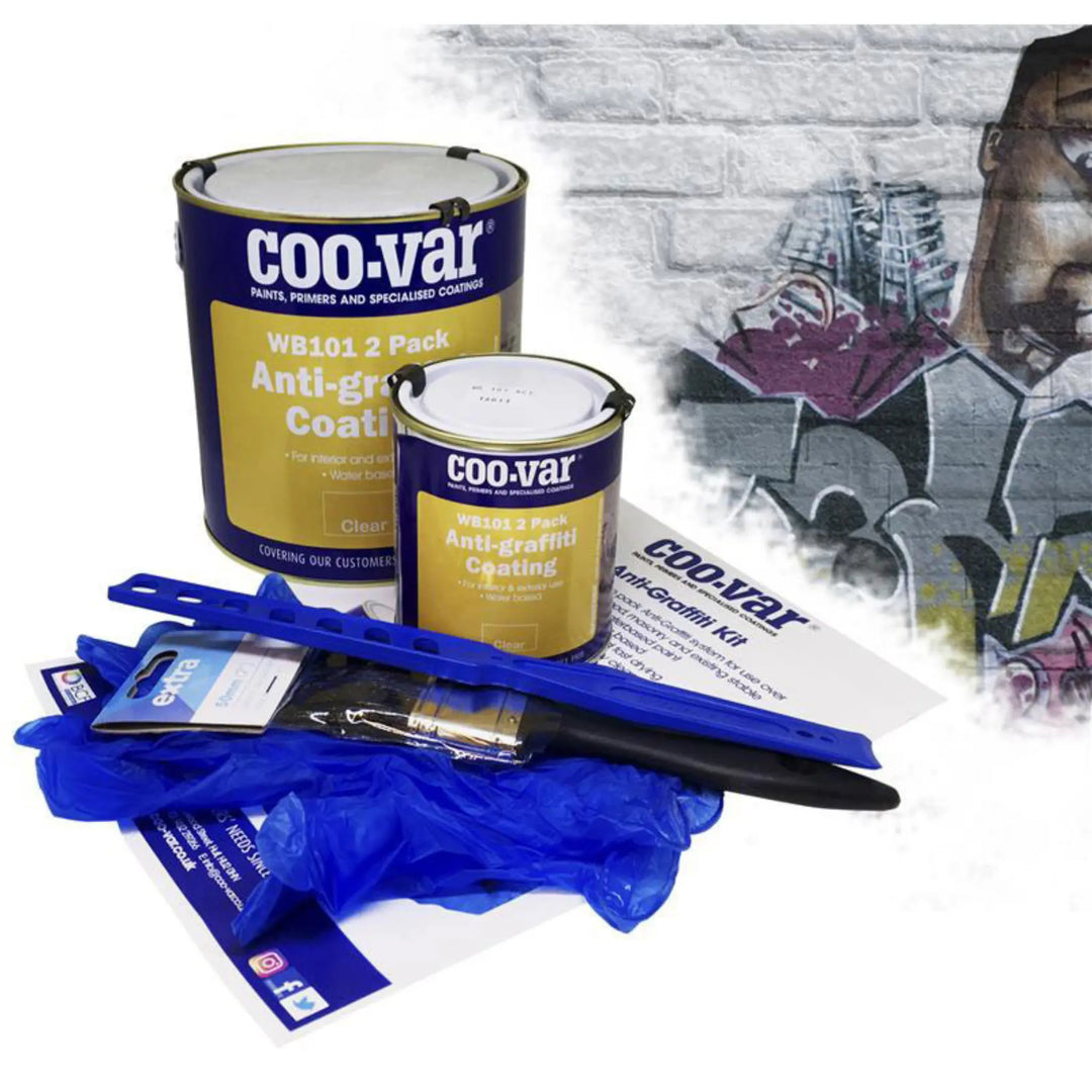 COOVAR anti-graffiti coating kit with cans, gloves, and tools on a white background.