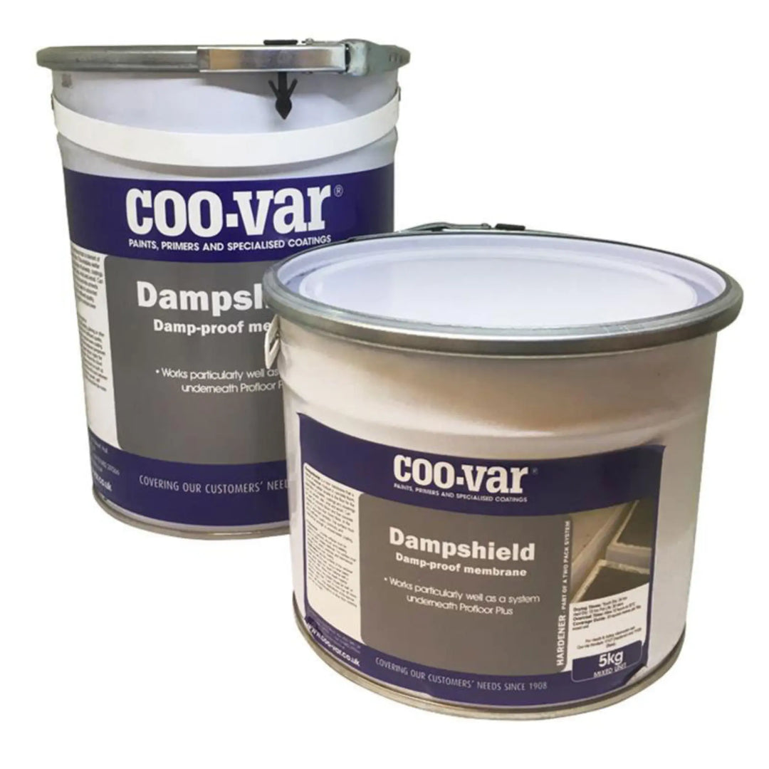 Two cans of Coo-Var Dampshield damp-proof membrane on a white background