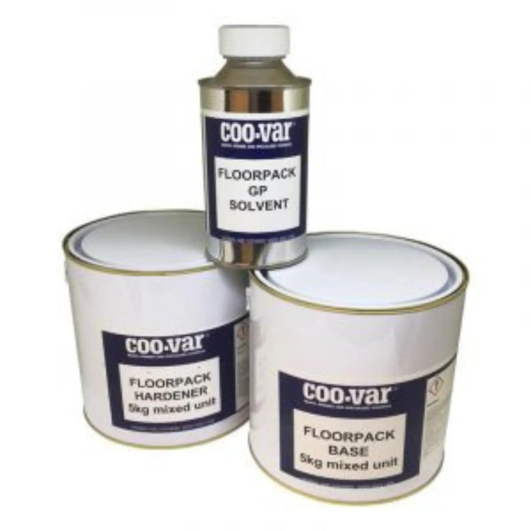 Three containers of Coo-var Floorpack with labels on a white background
