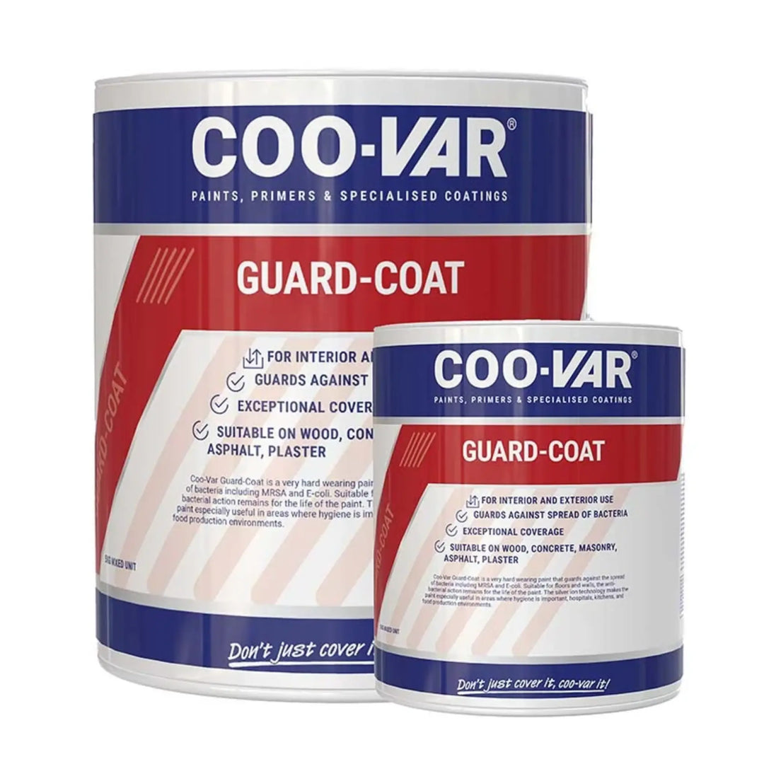 Two cans of COO-VAR Guard-Coat paint on a white background